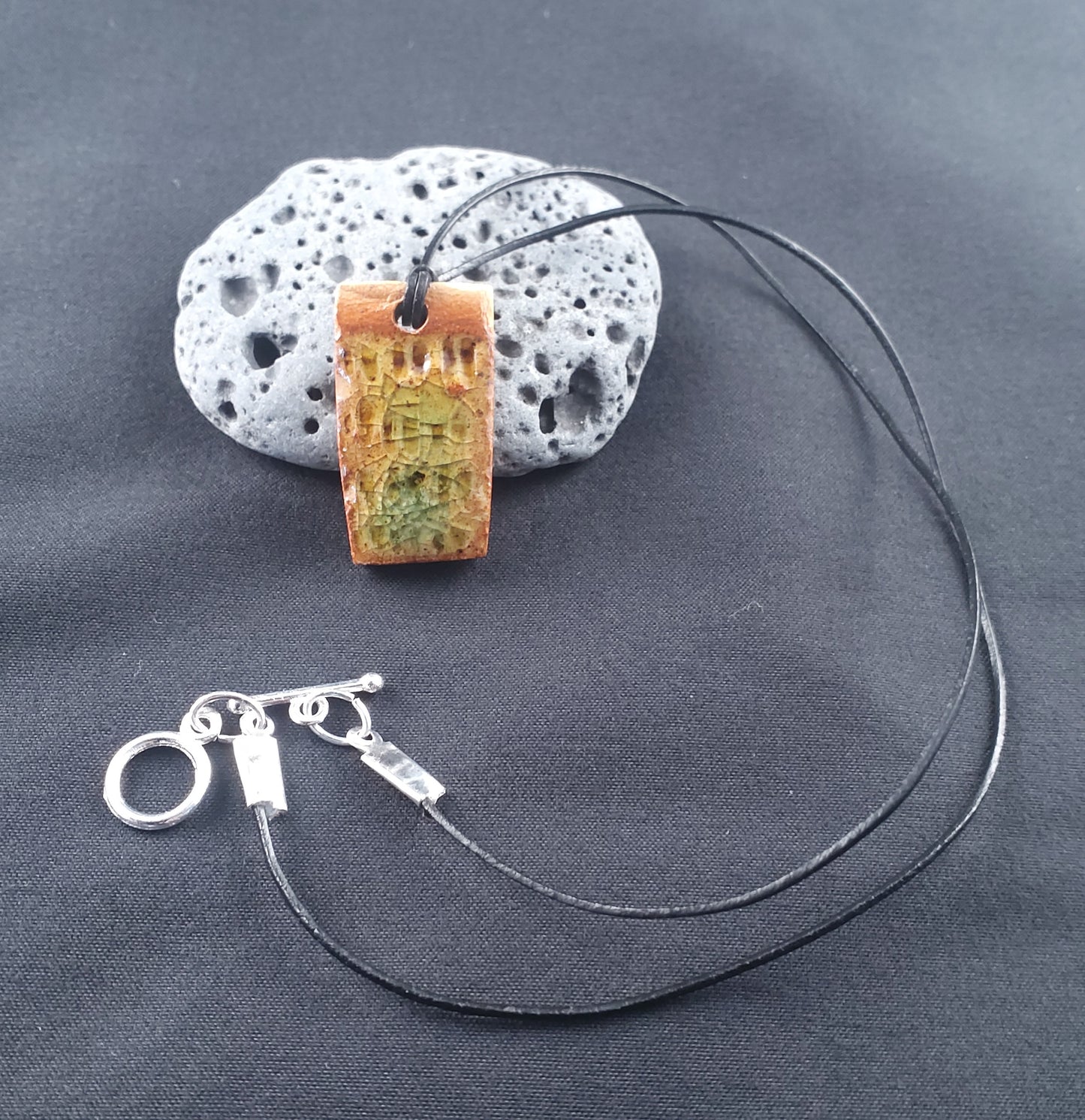 Ceramic Jewellery Pendant - brown with blue glass / glaze