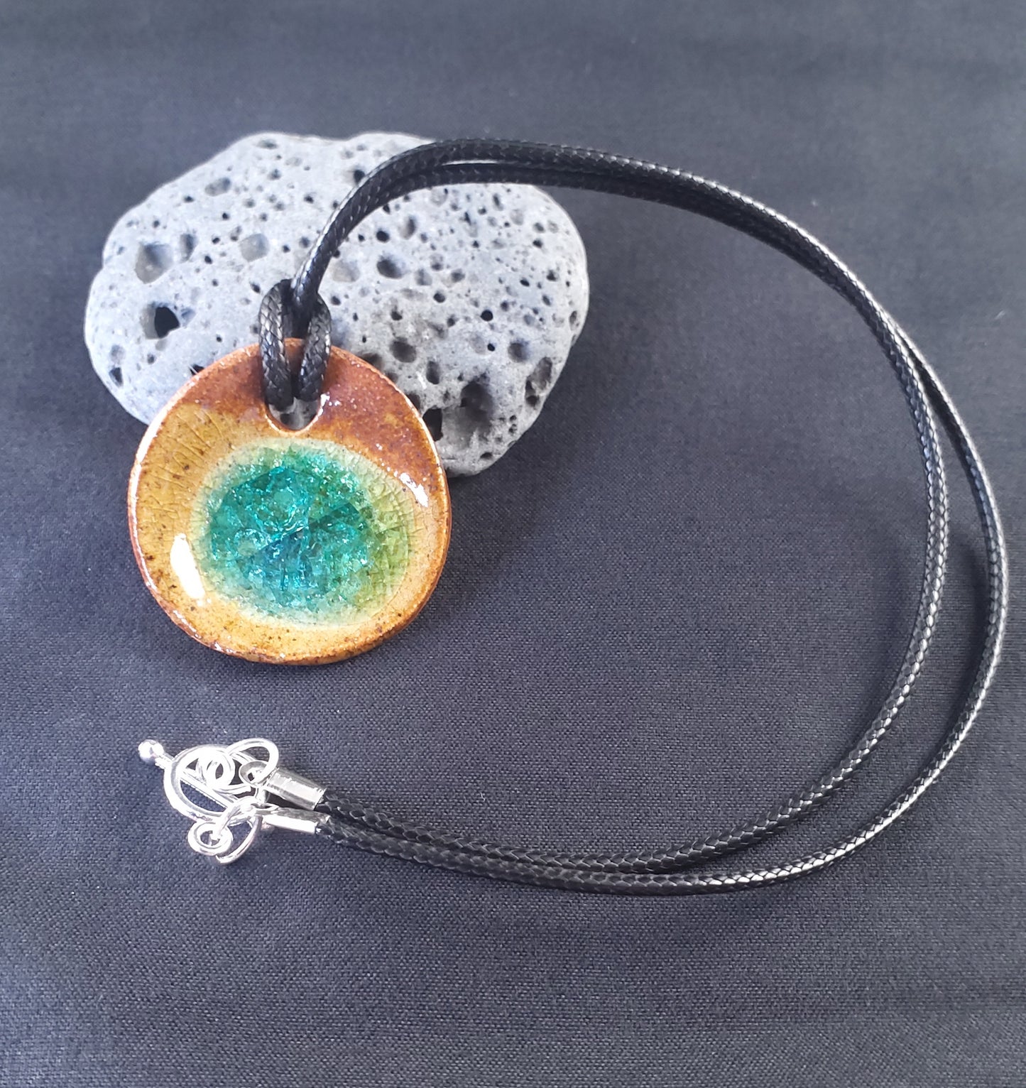 Ceramic Jewellery Pendant - brown with blue glass / glaze