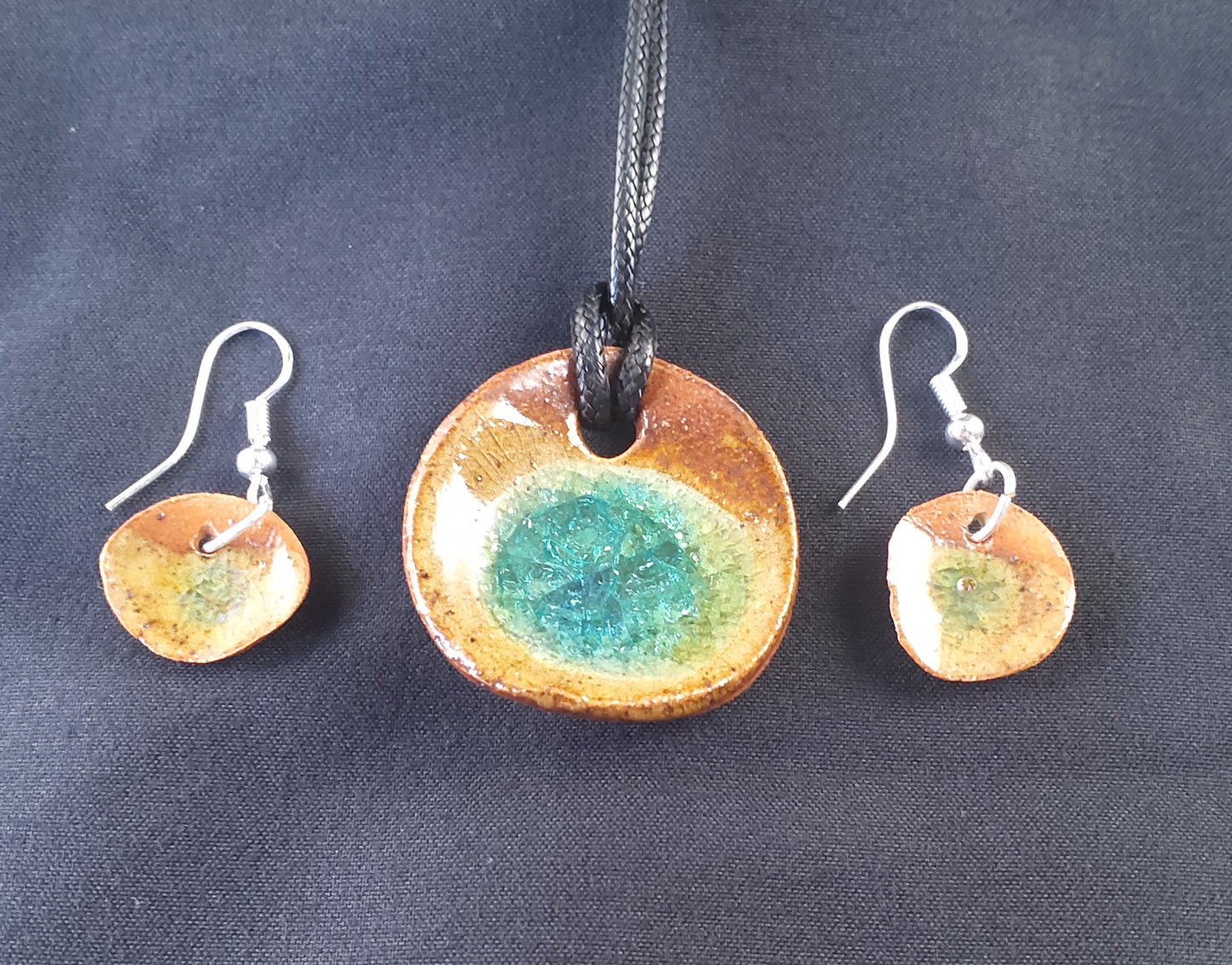 Pendant & Earring Jewellery Set - Brown clay with turquoise glass / glaze